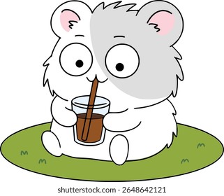 Um hamster sentado em um campo, bebendo café.