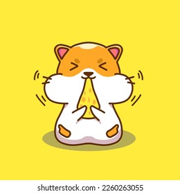 Hamster sitting in the floor and rating cheese.vektor icon ilustration hamster mascot cartoon.animal icon concept white isolated.flat cartoon suitable  for web landing,banner,flyer,stiker card