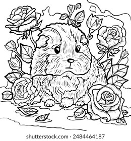 Hamster sitting near roses, line art, vector illustration