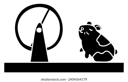Hamster sitting near a hamster wheel silhouette vector illustration. Isolated on white background