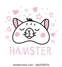 Hamster Vektorillustration Zeichnung mit Schrift. Schwarze Linien des Hamsterkopfes, einzeln auf weißem Hintergrund mit rosafarbenen Herzen und Sternen.