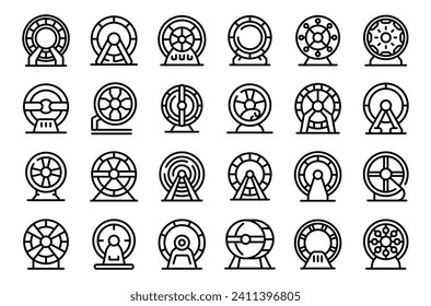 Hamster Wheel icons set outline vector. Animal mouse cage. Sport run life