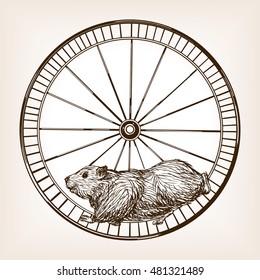 Hamster in a wheel sketch style vector illustration. Old engraving imitation.