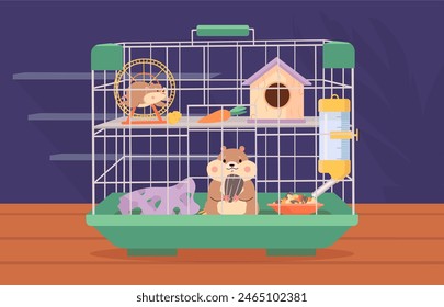 Hamster im Käfig. Cartoon Fett Hamster mit Freund, Haustiere und Ausrüstung. Flauschige Haustiere, kindische Maskottchen, heutzutage Vektorgrafik