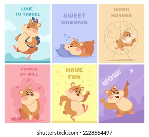 Hamsters cards. Posters design with chubby characters happy hamsters on gift cards exact vector template