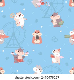 Hamsters seamless pattern. Cartoon funny hamster, domestic fluffy pets. Animalistic fabric wrapping print design, nowaday vector cute background