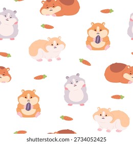Hamsters seamless pattern. Funny fluffy hamster, seed and carrot. Decorative print with rodents for fabric, textile, wallpaper. Cartoon racy vector background