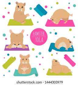 Hamsters yoga poses and exercises. Cute cartoon clipart set. Vector illustration