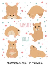 Hamsters yoga poses and exercises. Cute cartoon clipart set. Vector illustration