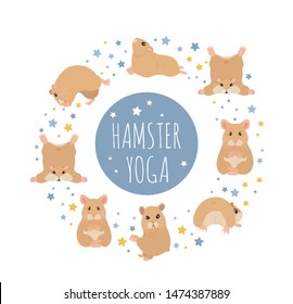 Hamsters yoga poses and exercises. Cute cartoon clipart set. Vector illustration