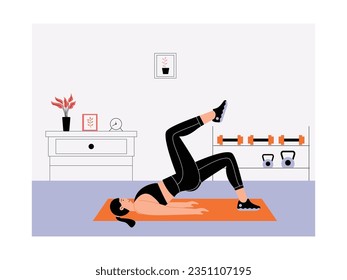 Hamstring muscle strengthening exercise in gym, indoor physical fitness activity, vector illustration.