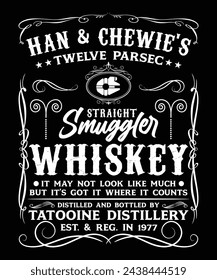 HAN AND CHEWIES TWELVE PARSEC STRAIGHT SMUGGLER WHISKEY IT MAY NOT LOOK LIKE MUCH BUT ITS GOT IT WHERE IT COUNTS DISTILLED AND BOTTLED BY TATOOINE DISTILLERY EST AND REG IN 1977 THISRT DESIGN. svg