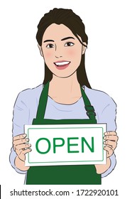 Han draw vector lady holding an open sign