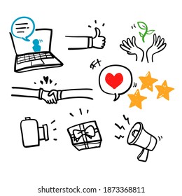 han drawn Brand ambassador line icons. Influence people, Megaphone and Representative. Handshake, influencer in doodle style vector isolated