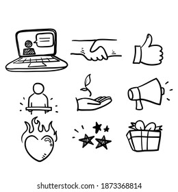 Han Drawn Brand Ambassador Line Icons. Influence People, Megaphone And Representative. Handshake, Influencer In Doodle Style Vector Isolated