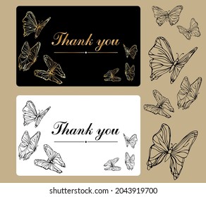 Han drawn card, postcard with words of gratitude in two styles. Different line elegant butterflies. Design template with botanical insect. Vector illustration.