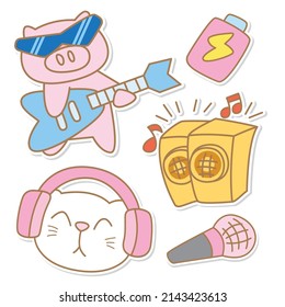 Han drawn cute cat with little pig and other objects stickers