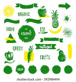 Han drawn farm fresh organic food label, badge or seal. Organic green logo ,bio,ecology natural. Design elements,wreaths and laurels,letters and text.