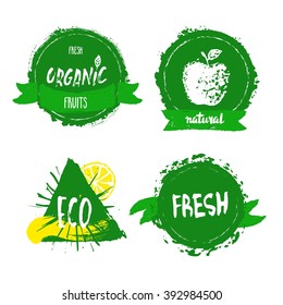 Han drawn farm fresh organic food label, badge or seal. Organic green ,bio,ecology natural logotypes set.Design elements,wreaths and laurels,letters and text.