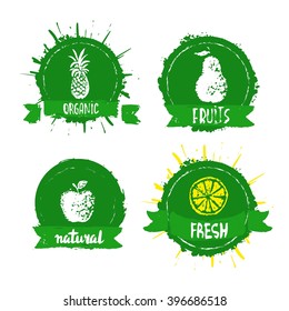 Han drawn farm fresh organic food label, badge or seal. Organic green  ,bio, ecology natural logotypes set. Design elements.