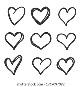 han drawn heart sign vector, love symbols set illustration, doodle love icon set vector