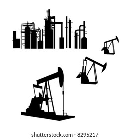 Han Drawn isolated silhouettes of an oil refinery and oil wells in AI-EPS8 format.