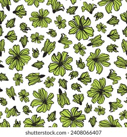 Han drawn, lime green flower heads seamless repeat pattern. Random placed, vector botany aop on white background.