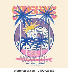 Han drawn palm tree with summer beach graphic t-shirt design for -vector, Tropical Big Waves for summer print design, sunrise at the big wave under the surfboard