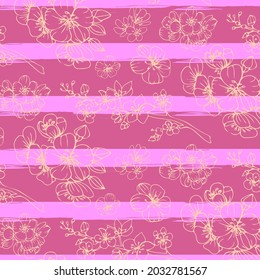 Han drawn seamless pattern with sakura and purple stripes. Pink ornament for wallpaper, textile, fabric. Vector illustration.