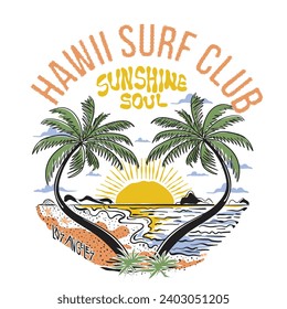 Han drawn Summer Palm tree beach with sun art illustration, Nature Outdoor print design for holiday vacation theme, Sunshine Soul for loss Angeles Ocean paradise t-shirt, sweatshirt print for -vector