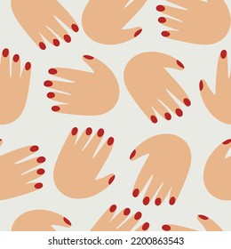 Han drawn vector seamless pattern with female hands with red nail polish