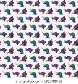 Han drawn vibrant dinosaurs seamless pattern vector. Cartoon dinos in blue, green, yellow, purple colors isolated on light pink. Perfect for kids apparel, pajamas, bed linen, pillows, curtains, etc