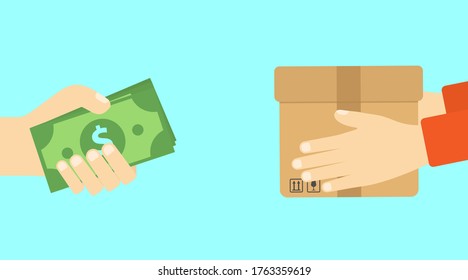 Han holding dollar bill. Delivery man hold box. Transportations concept. Shopping online. Digital marketing. Payment concept. 