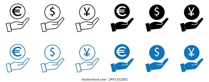 Han holding web money icons pack in checkerboard background. Internet currency signs set for applications.