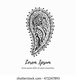 Hana drawn black and white indian paisley illustration. Can be used as design element.