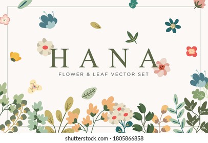 Hana, Vector Set of Simple Illustrations of Plants, Flower & Leaf, Greeting card, Wedding card and more