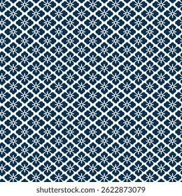 Hanabishi floral diamond Japanese seamless pattern background. Traditional geometric flower motif in navy blue. Repeating textile design for fabric, print, and decorative use, Vector Illustration