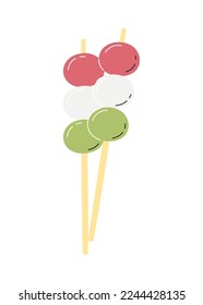 Hanami dango chopsticks isolated on white background. Japanese sweet three color dumplings. Popular oriental rice buns. Tricolor mitarashi classic dessert. Bocchan hand drawn flat vector illustration
