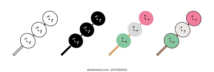 Hanami Dango Food Japanese Cute Dessert Set with Three Balls on Stick. Vector Illustration. Kawaii Character with Emotion Flat Design Icon for Logo, Web, Cafe or Restaurant Menu, Print, Wallpaper.	