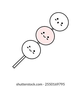 Hanami Dango Food Japonês bonito ícone de sobremesa com três bolas no bastão. Ilustração de vetor. Personagem Kawaii com Emoção. Ícone de design plano para logotipo, Web, café ou restaurante Menu, impressão, papel de parede.	