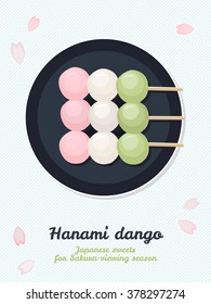 Hanami Dango. Japanese sweets for sakura season. Spring snack. Asian cuisine. Sweet dumplings made from rice flour. Spring colors.