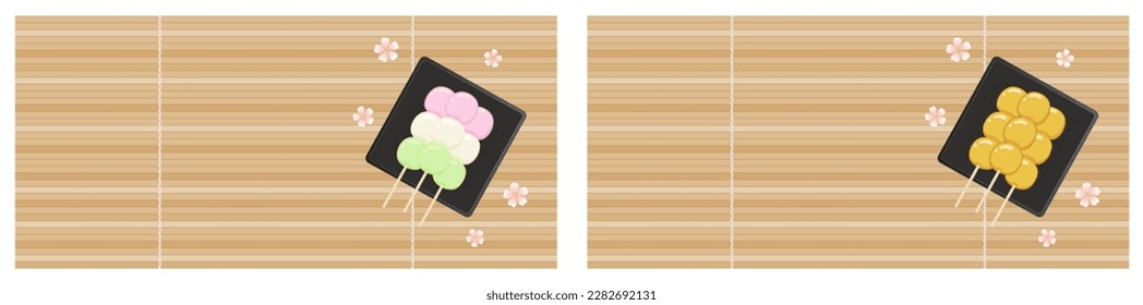 Hanami dango and Mitarashi dango on a black square plate on a bamboo mat with sakura flowers. Background with Japanese sweets on a stick and place for text. Rice dumplings, spring dessert. Vector set