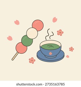 Hanami Dango Skewer with Hot Matcha Green Tea and Cherry Blossom Petals