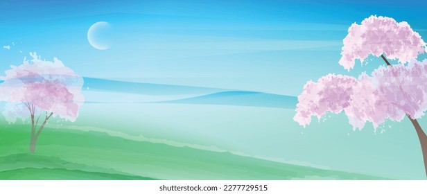 Hanami festival banner. Spring nature background. Trees are blossoming. Watercolor textured vector illustration. 