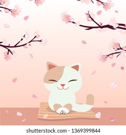 Hanami Festival or cherry blossom festival. The character of cute cat sitting on the ground with sakura branch background in flat vector style. Illustration about sakura
for background,graphic,content