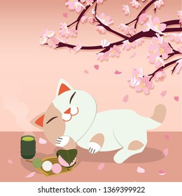 Hanami Festival or cherry blossom festival. The character of cute cat sleeping on the ground with dango  and green tea on sakura tree in flat vector style. Illustration for background, graphic,content