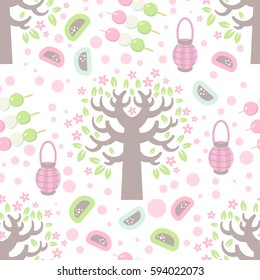 Hanami festival  seamless pattern with blooming sakura , pink lantern and hanami picnic desserts