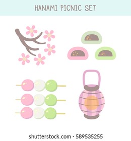 Hanami festival  set with blooming sakura , pink lantern and hanami picnic desserts