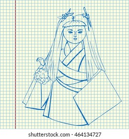 Han-ami. Girl in traditional Japanese wear. Hand drawn vector stock illustration. Sheet ball pen drawing.