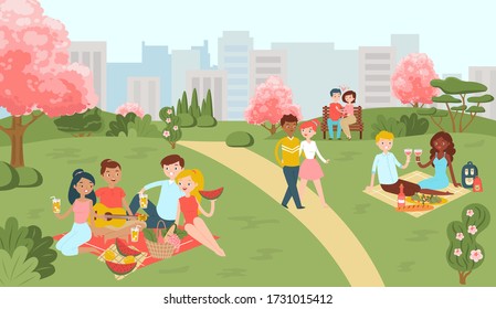 Hanami sakura festival, people on picnic in blossom trees park in spring, leisure in park flat cartoon vector illustration. Blossom nature in park, friends and couples spend time together outdoors.